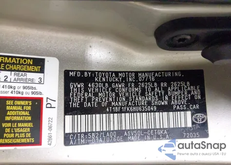 2017 Toyota Camry Xle z USA, uszkodzony, nr VIN 4T1BF1FK6HU635049